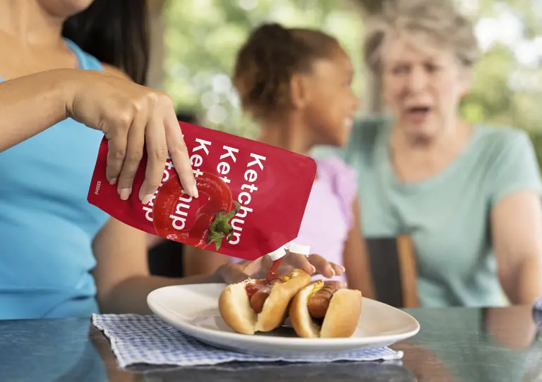 Standbeutel mit Verschluss für das Portionieren von Ketchup auf Hot Dogs
